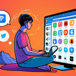 **Self-Awareness in the Digital World**: An illustration of a person sitting at a computer, surrounded by digital elements like social media icons and video games. The individual appears contemplative, with thought bubbles showing emotions like stress and relaxation techniques (e.g., deep breathing, meditation). The background is a blend of vibrant colors representing the digital landscape.
