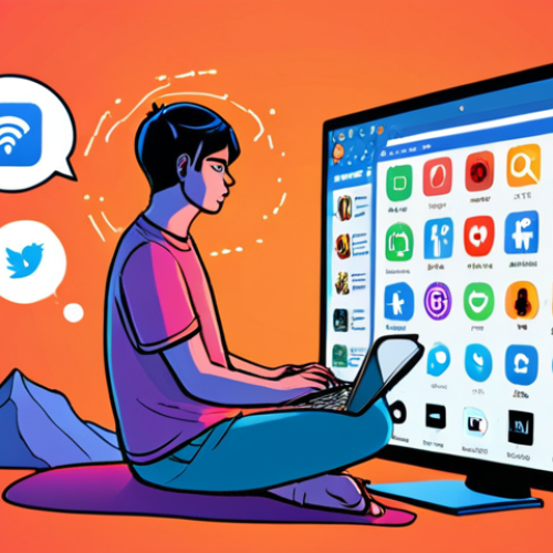 Home 20 **Self-Awareness in the Digital World**: An illustration of a person sitting at a computer, surrounded by digital elements like social media icons and video games. The individual appears contemplative, with thought bubbles showing emotions like stress and relaxation techniques (e.g., deep breathing, meditation). The background is a blend of vibrant colors representing the digital landscape.
