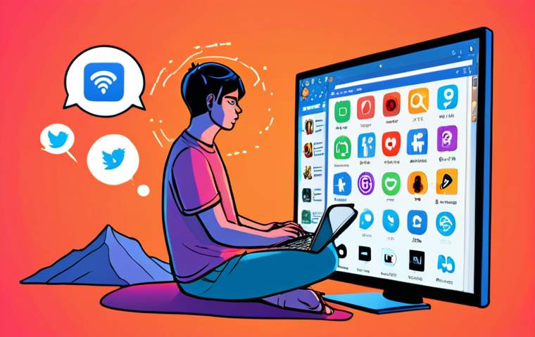 **Self-Awareness in the Digital World**: An illustration of a person sitting at a computer, surrounded by digital elements like social media icons and video games. The individual appears contemplative, with thought bubbles showing emotions like stress and relaxation techniques (e.g., deep breathing, meditation). The background is a blend of vibrant colors representing the digital landscape.