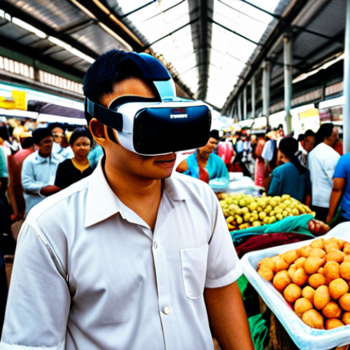 Home 19 **A Malaysian therapist wearing a VR headset guides a patient through an exposure therapy session, simulating a crowded Kuala Lumpur street market.** (This image highlights VR exposure therapy for social anxiety in a local context.)