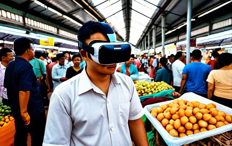 **A Malaysian therapist wearing a VR headset guides a patient through an exposure therapy session, simulating a crowded Kuala Lumpur street market.** (This image highlights VR exposure therapy for social anxiety in a local context.)