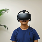 **Prompt 1:** A young Malaysian individual, possibly a professional, calmly wearing a modern VR headset in a clean, minimalist therapy room. The image should visually represent their immersive virtual experience as a tranquil and safe environment, such as a serene rainforest clearing or a peaceful, sunlit private office. This visual contrast emphasizes the controlled, safe space for mental healing and managing social anxiety within a Malaysian context.