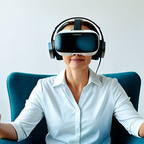 Home 11 A professional adult woman with a serene expression, fully clothed in modest, comfortable attire, sitting naturally on a modern chair in a brightly lit, minimalist therapy room. She is wearing a sleek virtual reality headset, engaged in a mental wellness session. The setting is clean and calming, with soft natural light. Perfect anatomy, correct proportions, natural pose, well-formed hands, proper finger count, natural body proportions, professional photography, high quality, safe for work, appropriate content, fully clothed, professional, family-friendly.