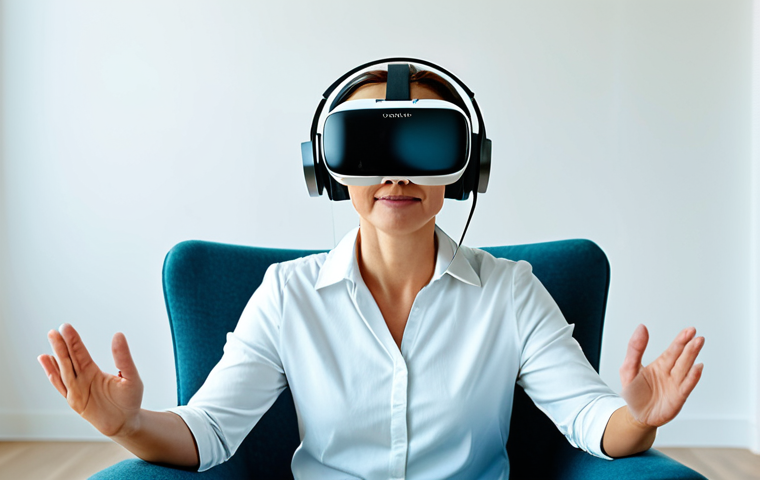 A professional adult woman with a serene expression, fully clothed in modest, comfortable attire, sitting naturally on a modern chair in a brightly lit, minimalist therapy room. She is wearing a sleek virtual reality headset, engaged in a mental wellness session. The setting is clean and calming, with soft natural light. Perfect anatomy, correct proportions, natural pose, well-formed hands, proper finger count, natural body proportions, professional photography, high quality, safe for work, appropriate content, fully clothed, professional, family-friendly.